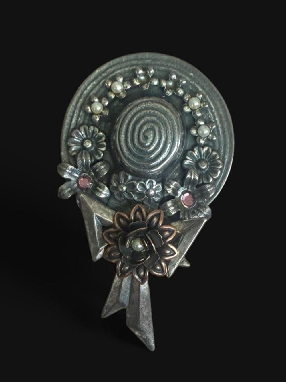 Pewter Gardening Hat and Flower Brooch